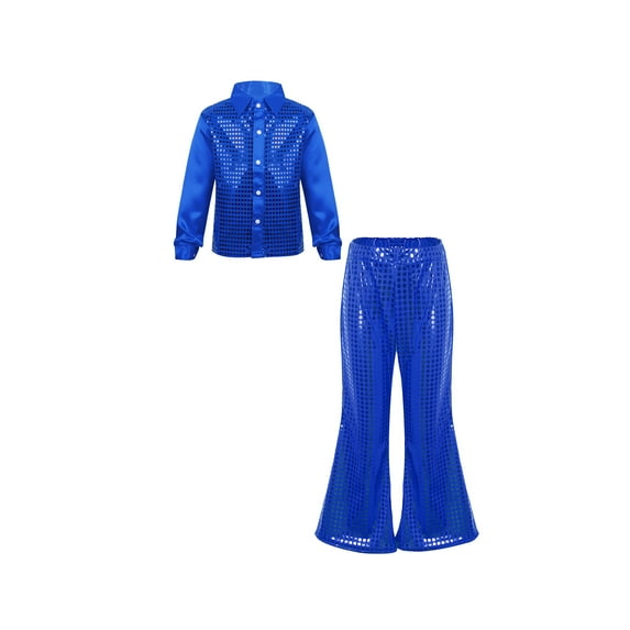 TiaoBug Kids Boys Girls 2Pcs Jazz Hip Hop Dance Performance Outfit Long Sleeve Button Shirt with Flared Pants for Disco Party Blue 13-14
