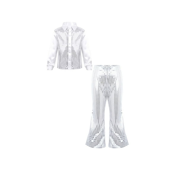 TiaoBug Kids Boys Girls 2Pcs Jazz Hip Hop Dance Performance Outfit Long Sleeve Button Shirt with Flared Pants for Disco Party Silver 7-8