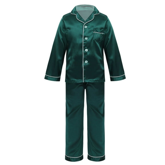 TiaoBug Kids Boys Girls 2Pcs Satin Silk Pajamas Set Shirt Top Pants 4-10 Dark Green 8