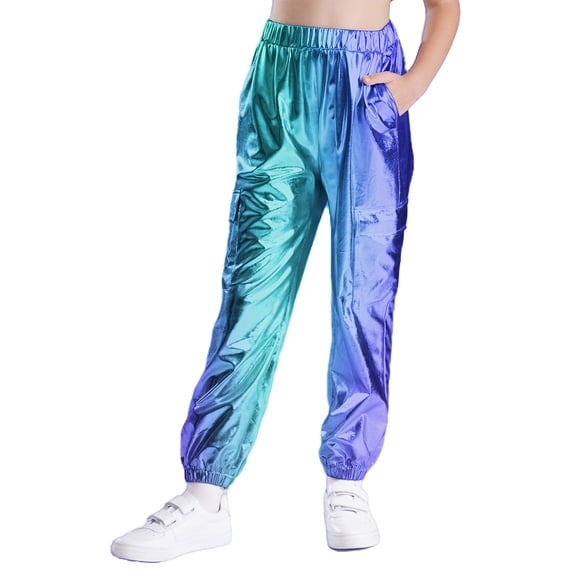 TiaoBug Kids Boys Girls Glitter Metallic Dance Pants Trousers for Hip Hop Jazz Stage Performance Blue 14