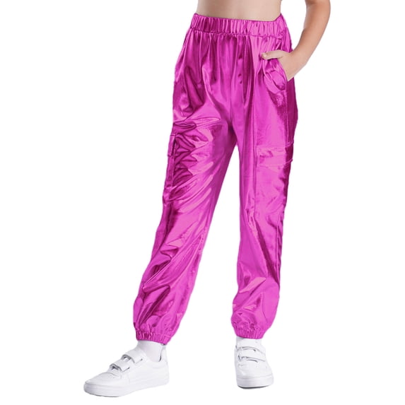 TiaoBug Kids Boys Girls Glitter Metallic Dance Pants Trousers for Hip Hop Jazz Stage Performance Hot Pink 16