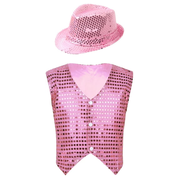 TiaoBug Kids Boys Girls Glittery Sequined Hip Hop Jazz Dance Costume Teens Sleeveless Vest Waistcoat with Hat Pink 8-9
