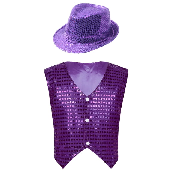 TiaoBug Kids Boys Girls Glittery Sequined Hip Hop Jazz Dance Costume Teens Sleeveless Vest Waistcoat with Hat Purple 8-9
