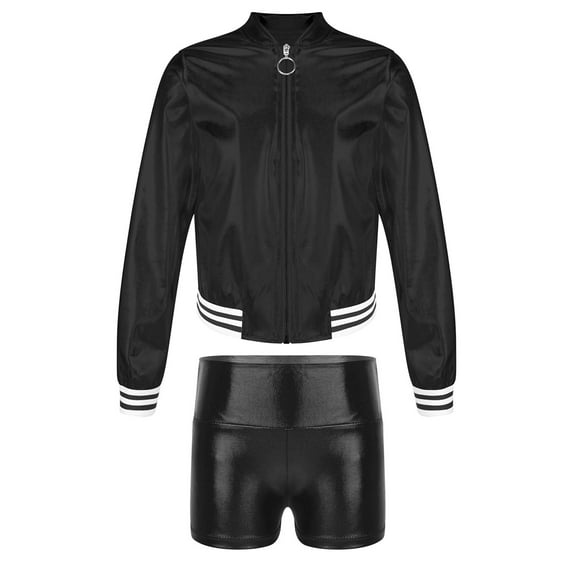 TiaoBug Kids Boys Girls Jazz Dance Costumes Shiny Metallic Long Sleeves Outerwear And Dance Shorts Sports Set Black 14
