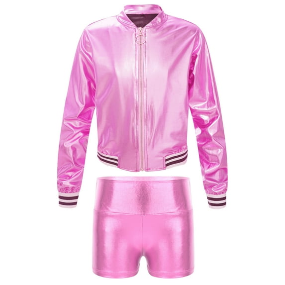 TiaoBug Kids Boys Girls Jazz Dance Costumes Shiny Metallic Long Sleeves Outerwear And Dance Shorts Sports Set Pink 10