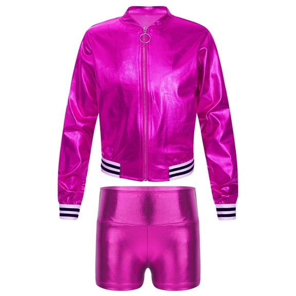 TiaoBug Kids Boys Girls Jazz Dance Costumes Shiny Metallic Long Sleeves Outerwear And Dance Shorts Sports Set Rose 10