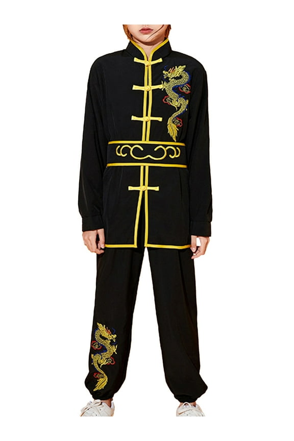 Kids Boys Girls Kung Fu Suit Unisex Children Dragon Embroidery Tai Chi Outfit Chinese Martial Black 160