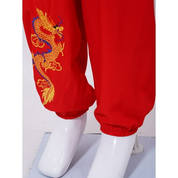 TiaoBug Kids Boys Girls Kung Fu Suit Unisex Children Dragon Embroidery Tai Chi Outfit Chinese Martial Red 150