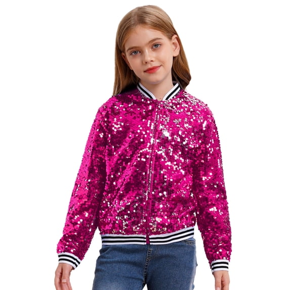 TiaoBug Kids Boys Girls Sequin Baseball Coats Zipper Up Glitter Bomber Jacket Jazz Dance Party Outerwear Hot Pink 12