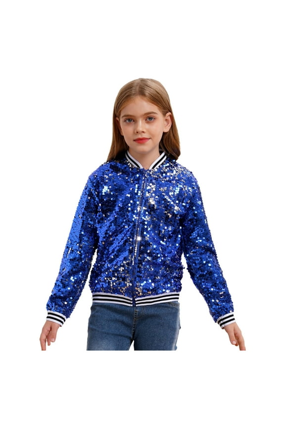 Kids Boys Girls Sequin Baseball Coats Zipper Up Glitter Bomber Jacket Jazz Dance Party Outerwear Royal Blue 6