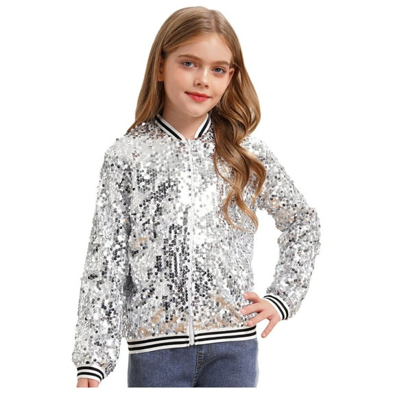 TiaoBug Kids Boys Girls Sequin Baseball Coats Zipper Up Glitter Bomber Jacket Jazz Dance Party Outerwear Silver 16