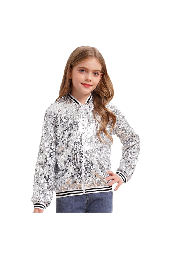 Kids Boys Girls Sequin Baseball Coats Zipper Up Glitter Bomber Jacket Jazz Dance Party Outerwear Silver 6