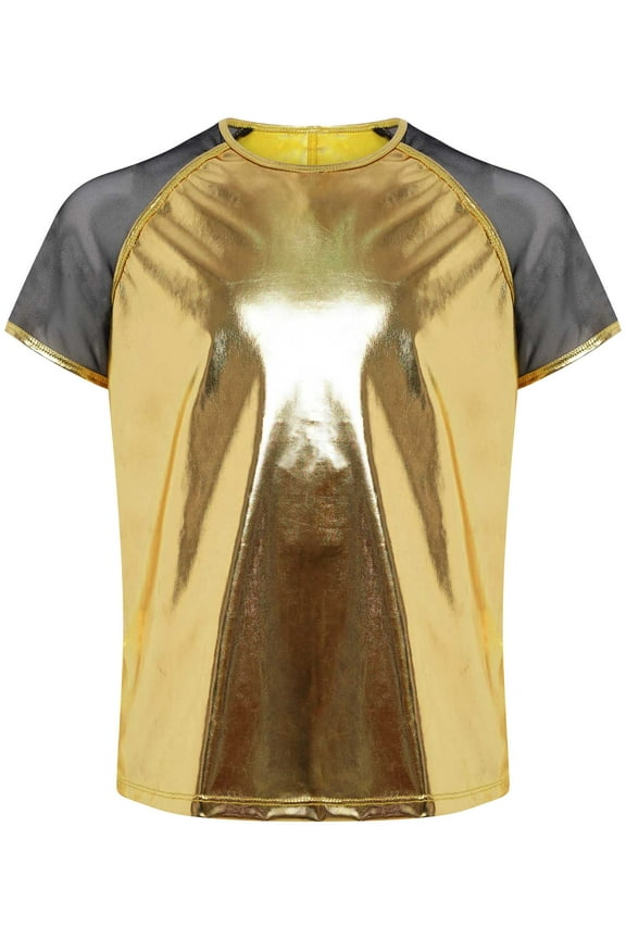 Kids Boys Girls Shiny Metallic T-shirts Short Sleeve Jazz Hip Hop Dance Tops Performance Gold 16