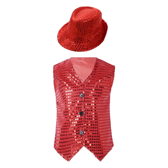 TiaoBug Kids Boys Girls Shirt Vest with Hat Shiny Sequins Hip-Hop Street Dance Performance Waistcoat Red 3-4