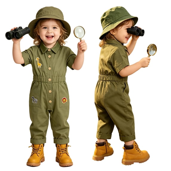 TiaoBug Kids Boys Girls Short Sleeve Cargo Jumpsuit Zookeeper Overalls One Piece Jungle Explorer Trailblazer Outfit Army Green 4T