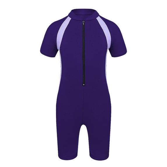 TiaoBug Kids Boys Girls Short Sleeve One-Piece Swimsuit Zip Up Rash Guard Beach Surfing Swimwear Purple 14-16