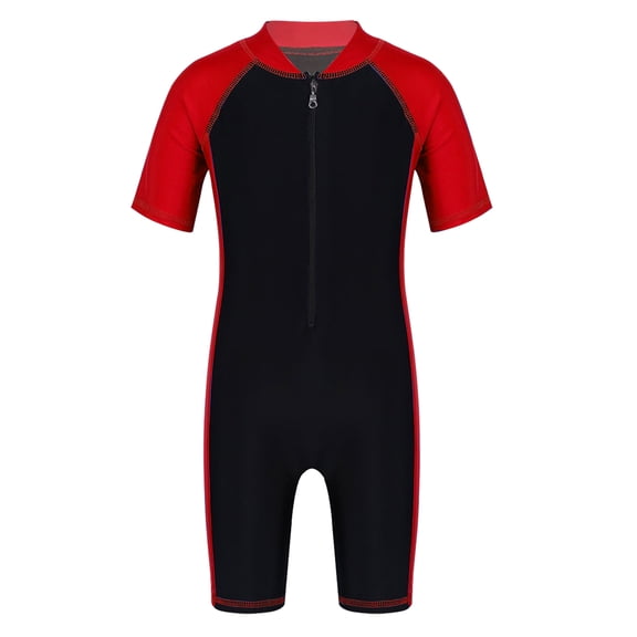 TiaoBug Kids Boys Girls Short Sleeves One-piece Swimming Shorty Wetsuit Swimsuit Rash Guard Beachwear Red&Black 4