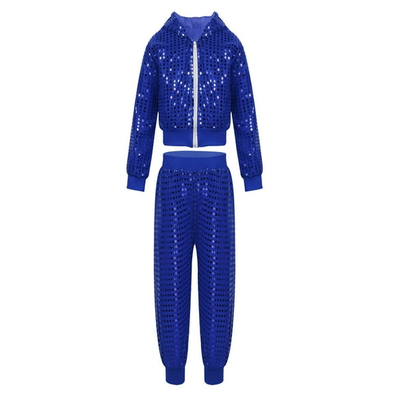 TiaoBug Kids Boys Girls Sparkly Sequins Hip-hop Jazz Dance Outfits Hooded Jacket Tops with Pants Performance Costume