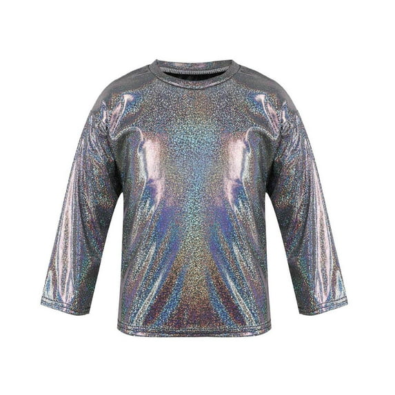 TiaoBug Kids Boys Girls Top Metallic Shiny Long Sleeve T-Shirt Sequins Hip Hop Dancewear