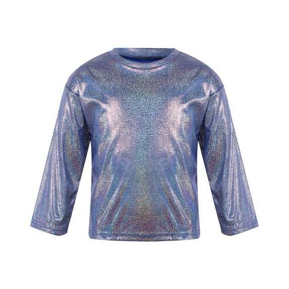 TiaoBug Kids Boys Girls Top Metallic Shiny Long Sleeve T-Shirt Sequins Hip Hop Dancewear