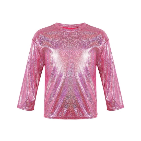 TiaoBug Kids Boys Girls Top Metallic Shiny Long Sleeve T-Shirt Sequins Hip Hop Dancewear