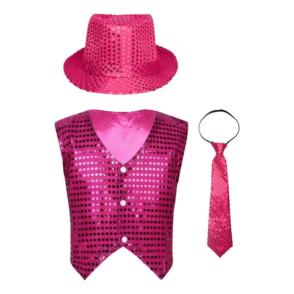 TiaoBug Kids Boys Hip-hop Jazz Performance Dance Costume Sequins Vest Waistcoat with Hat Necktie Set Rose Red 8-9