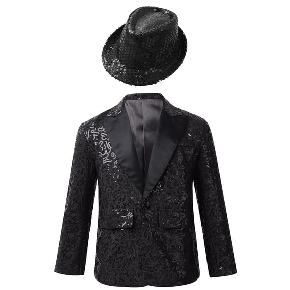 TiaoBug Kids Boys Jazz Hip-hop Dance Costume Sequins Tuxedo Blazer Suit Jacket with Hat Sets Black 12