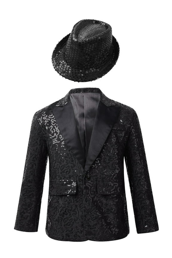 Kids Boys Jazz Hip-hop Dance Costume Sequins Tuxedo Blazer Suit Jacket with Hat Sets Black 14