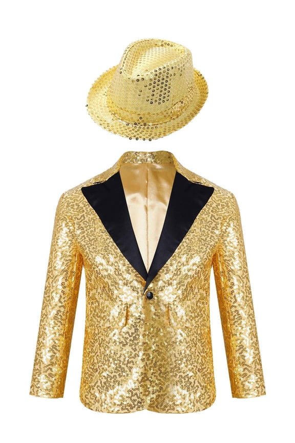 Kids Boys Jazz Hip-hop Dance Costume Sequins Tuxedo Blazer Suit Jacket with Hat Sets Gold 10