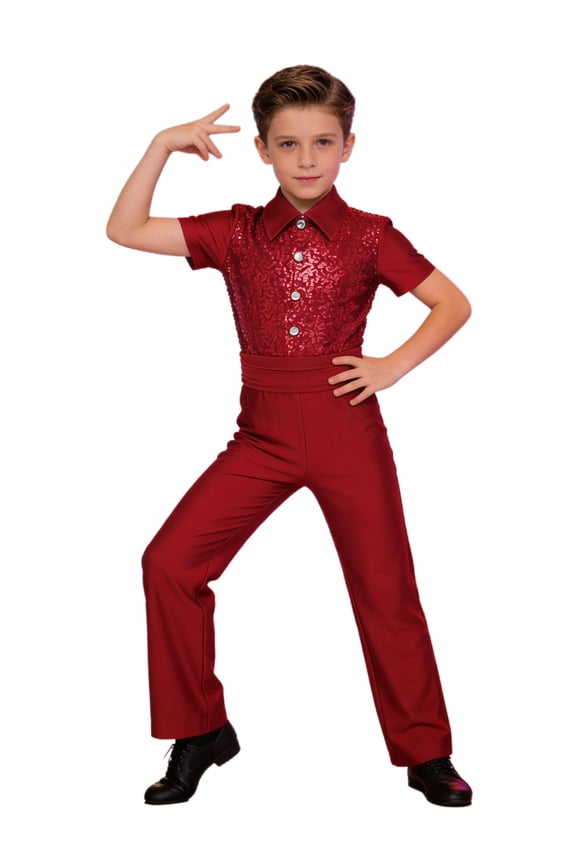Kids Boys Latin Dance Bodysuit Short Sleeve Sequin Shirt Leotard Gymnastics Unitards for Stage Performance Burgundy 6