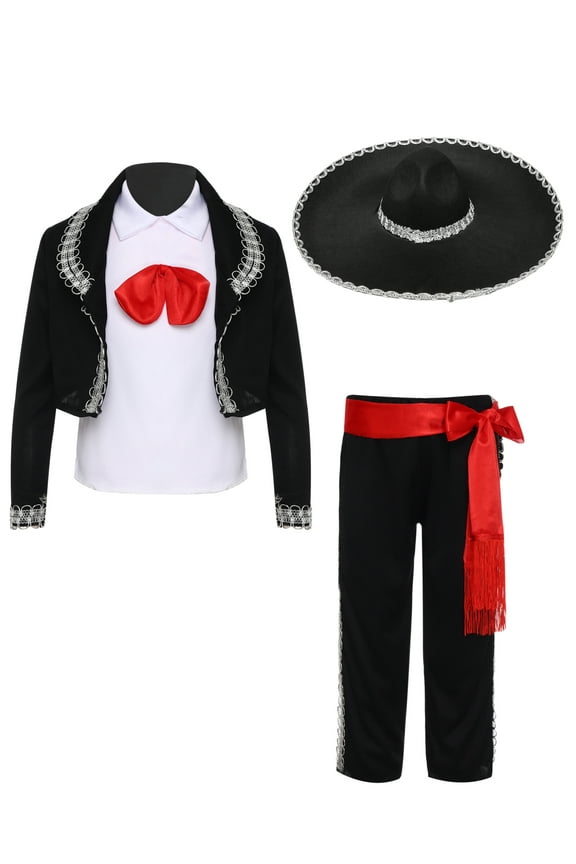 Kids Boys Mexican Amigo Outfits Mariachi Charro Fancy Dress Pants Set for Theme Party Black 140/XL