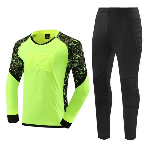 TiaoBug Kids Boys Padded Soccer Goalie Shirts Goalkeeper Jersey and Sweatpants Football Training Set Fluorescent Green 13-14