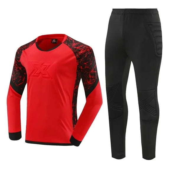 TiaoBug Kids Boys Padded Soccer Goalie Shirts Goalkeeper Jersey and Sweatpants Football Training Set Red 11-12