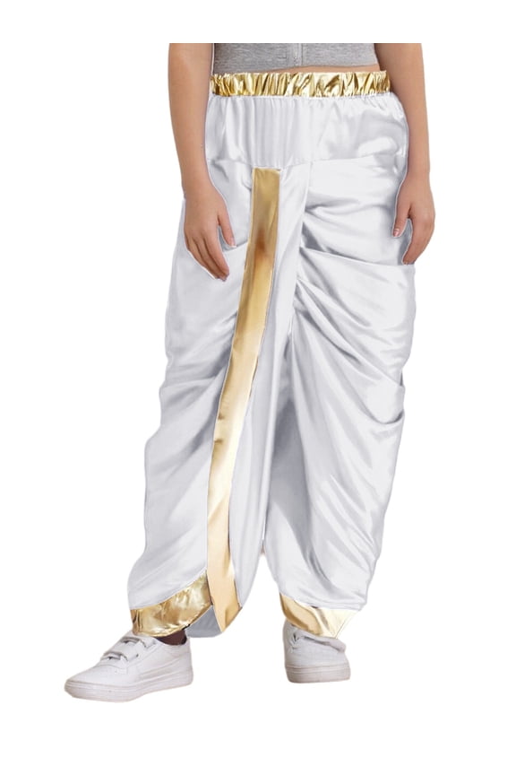 Kids Boys Satin Indian Dhoti Pants Metallic Elastic Waist Draped Arabic Harem Yoga Baggy Trousers White 16