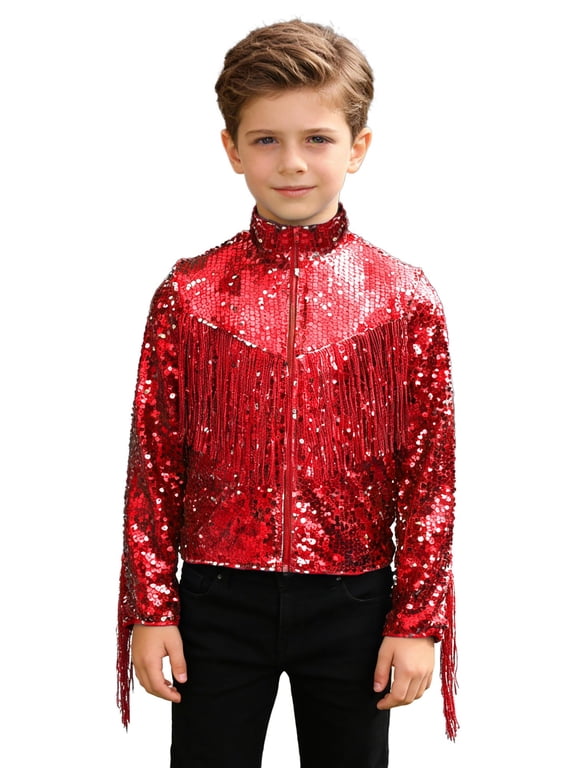 Kids Boys Sequin Bomber Jacket Long Sleeve Zip Up Party Coat Glitter Mock Neck Fringed Tops Outerwear Red 14