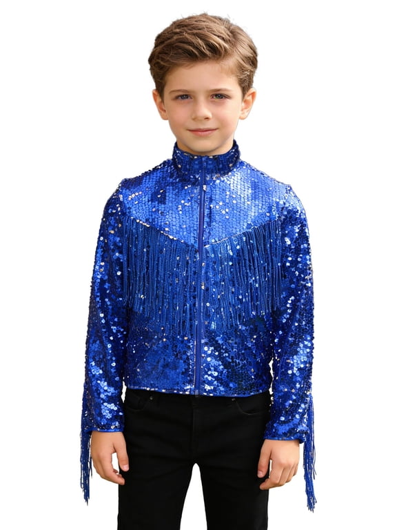 Kids Boys Sequin Bomber Jacket Long Sleeve Zip Up Party Coat Glitter Mock Neck Fringed Tops Outerwear Royal Blue 8