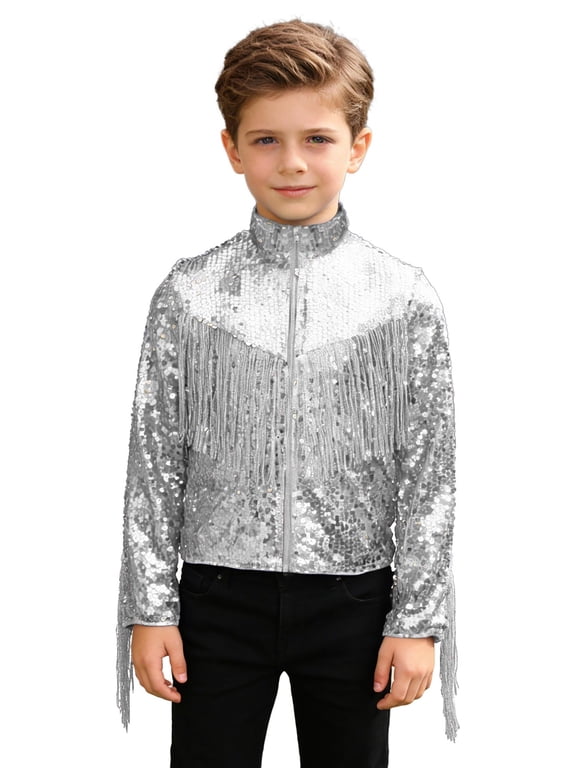 Kids Boys Sequin Bomber Jacket Long Sleeve Zip Up Party Coat Glitter Mock Neck Fringed Tops Outerwear White 8