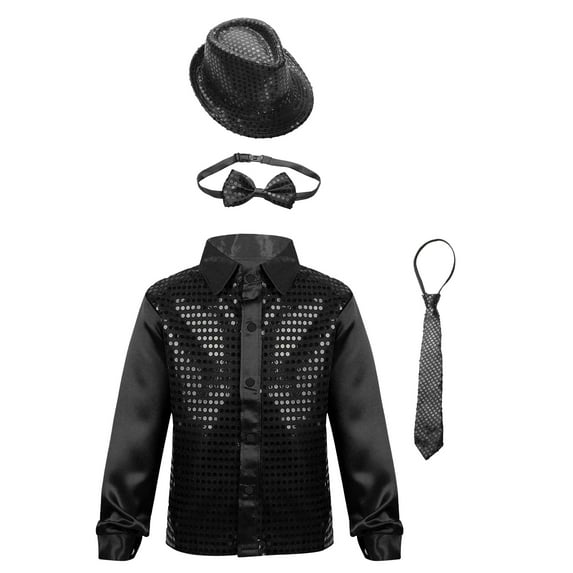TiaoBug Kids Boys Sequin Shirt Jacket and Hat Bowtie Necktie Hip Hop Jazz Dance Disco Costume Black 7-8