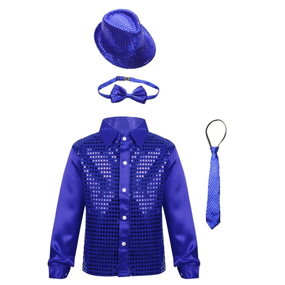 TiaoBug Kids Boys Sequin Shirt Jacket and Hat Bowtie Necktie Hip Hop Jazz Dance Disco Costume Blue 4-5