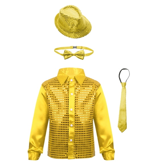 TiaoBug Kids Boys Sequin Shirt Jacket and Hat Bowtie Necktie Hip Hop Jazz Dance Disco Costume Gold 13-14