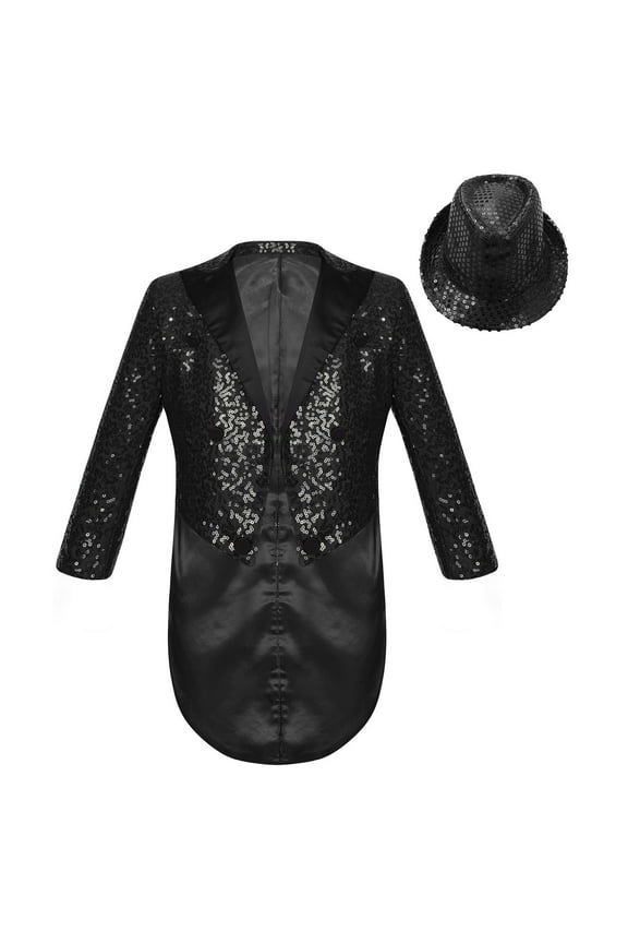 Kids Boys Sequin Tailcoat Tuxedo Jacket Hat 2PCS Set Festival Party Circus Performance Outerwear Black 8