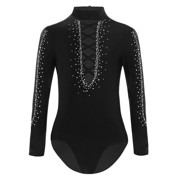 TiaoBug Kids Boys Shiny Rhinestone Latin Ballet Dance Gymnastics Leotard Long Sleeve Bodysuit Black 16