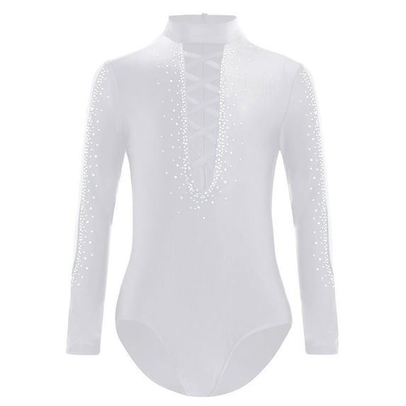 TiaoBug Kids Boys Shiny Rhinestone Latin Ballet Dance Gymnastics Leotard Long Sleeve Bodysuit White 10