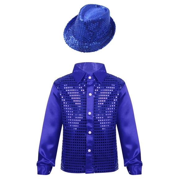 TiaoBug Kids Boys Shiny Sequins Long Sleeve Shirt Jazz Latin Street Dance Disco Party Top with Hat Blue 13-14
