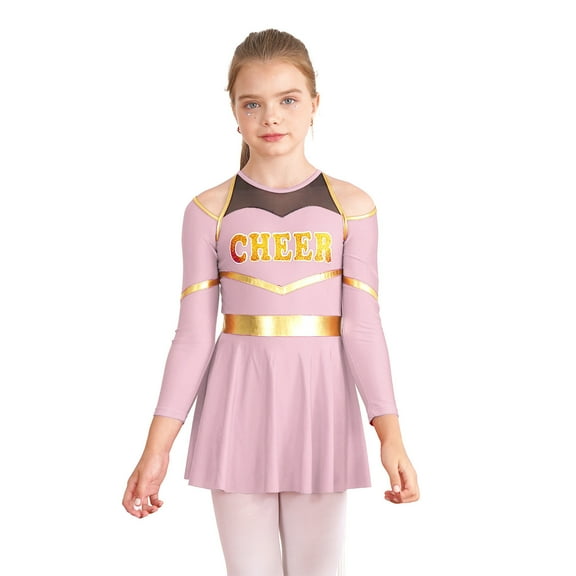 TiaoBug Kids Cheer Leader Costume Halloween Outfit Long Sleeve Cold Shoulder Cheerleading Dress Pink 8