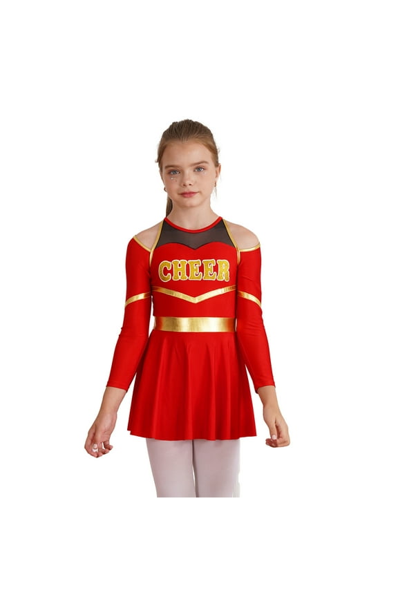 Kids Cheer Leader Costume Halloween Outfit Long Sleeve Cold Shoulder Cheerleading Dress Red 16