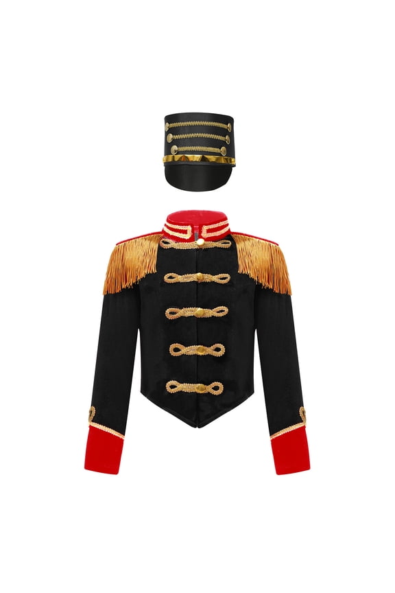 Kids Circus Ringmaster Performance Outfits Fringe Epaulet Jacket with Majorette Drummer Hat Black 14