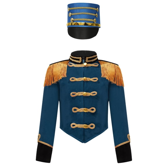 TiaoBug Kids Circus Ringmaster Performance Outfits Fringe Epaulet Jacket with Majorette Drummer Hat Peacock 10