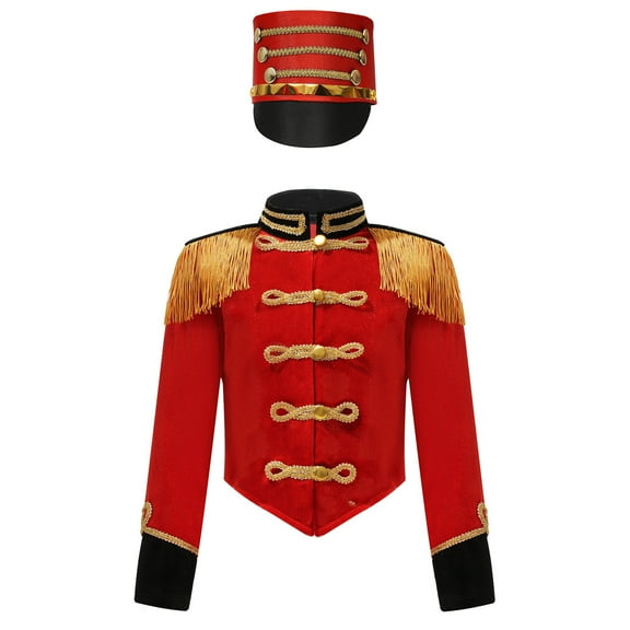 TiaoBug Kids Circus Ringmaster Performance Outfits Fringe Epaulet Jacket with Majorette Drummer Hat Red 4
