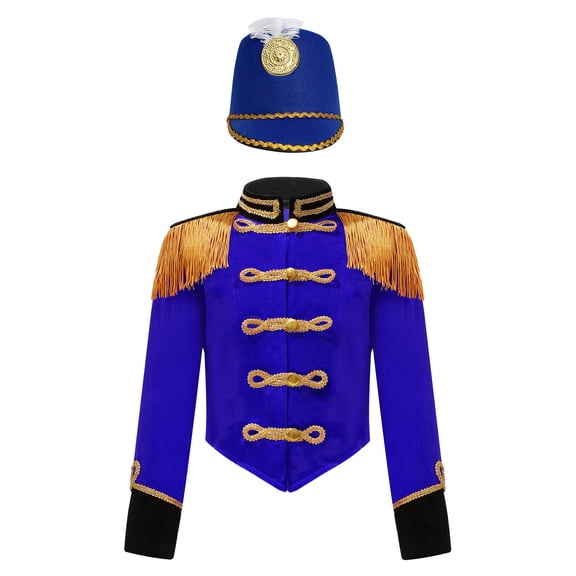 TiaoBug Kids Circus Ringmaster Performance Outfits Fringe Epaulet Jacket with Majorette Drummer Hat Royal Blue-A 14